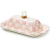 MACKENZIE-CHILDS Enamel Butter Box, Cute Lidded Enamel Butter Dish, Brown-and-White Mocha Check(Rosy Check)