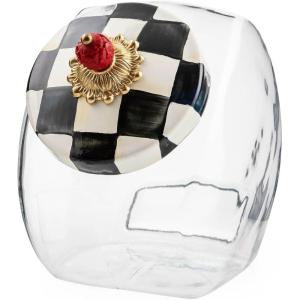 MACKENZIE-CHILDS Cookie Jar with Enamel Lid, Large Glass Treat Jar or Kitchen Jar, 1-Gallon Capacity, Brown-and-White Mocha Check(Black-and-white Courtly Check)