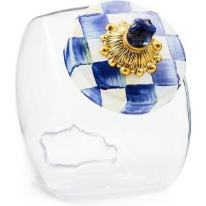 MACKENZIE-CHILDS Cookie Jar with Enamel Lid, Large Glass Treat Jar or Kitchen Jar, 1-Gallon Capacity, Brown-and-White Mocha Check(Blue-and-white Royal Check)