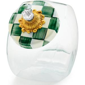 MACKENZIE-CHILDS Cookie Jar with Enamel Lid, Large Glass Treat Jar or Kitchen Jar, 1-Gallon Capacity, Brown-and-White Mocha Check(Emerald Check)