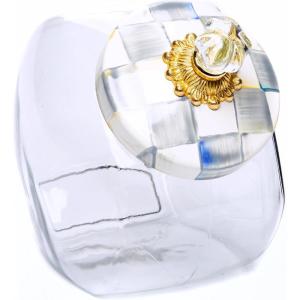 MACKENZIE-CHILDS Cookie Jar with Enamel Lid, Large Glass Treat Jar or Kitchen Jar, 1-Gallon Capacity, Brown-and-White Mocha Check(Gray-and-white Sterling Check)