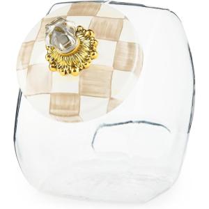 MACKENZIE-CHILDS Cookie Jar with Enamel Lid, Large Glass Treat Jar or Kitchen Jar, 1-Gallon Capacity, Brown-and-White Mocha Check(Mocha Check)