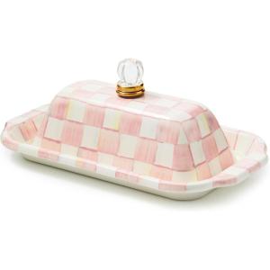 MACKENZIE-CHILDS Enamel Butter Box, Cute Lidded Enamel Butter Dish, Brown-and-White Mocha Check(Rosy Check)