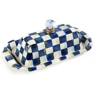 MACKENZIE-CHILDS Enamel Butter Box, Cute Lidded Enamel Butter Dish, Brown-and-White Mocha Check(Royal Check)