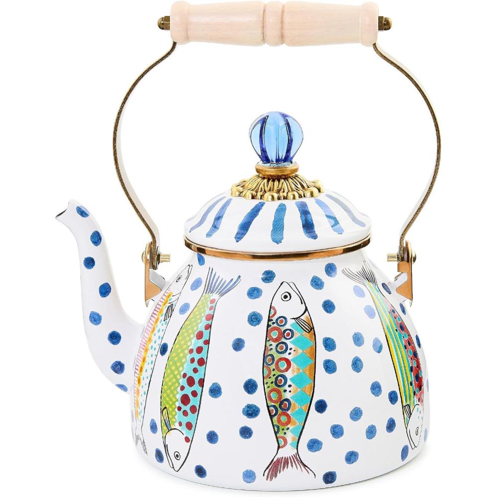 imageMACKENZIECHILDS Enamel Tea Kettle Cute Tea Kettle for Stovetop 2 Quarts PoppyGo Fish