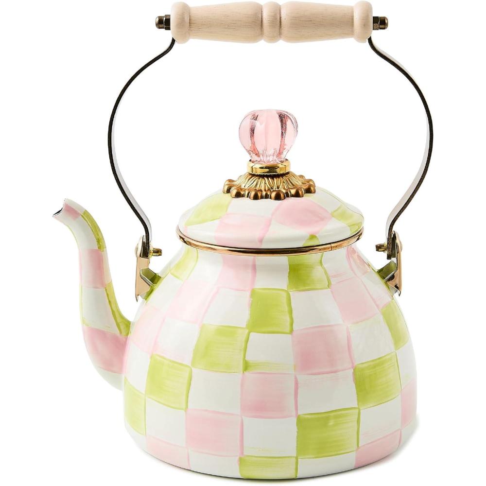 imageMACKENZIECHILDS Enamel Tea Kettle Cute Tea Kettle for Stovetop 2 Quarts PoppyPalm Beach Check