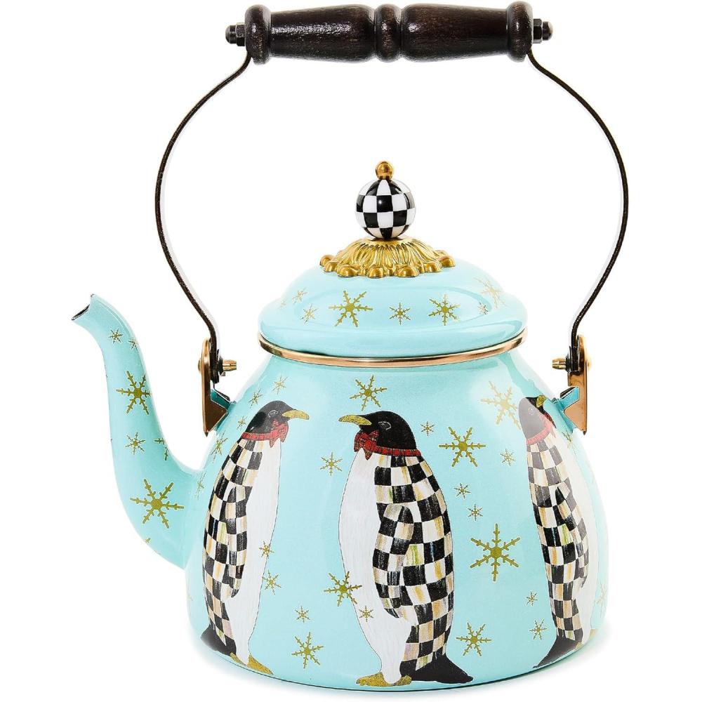 imageMACKENZIECHILDS Enamel Tea Kettle Cute Tea Kettle for Stovetop 2 Quarts PoppyPenguin Parade