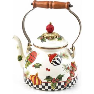 MACKENZIE-CHILDS 2-Quart Enamel Tea Kettle, Cute Tea Kettle for Stovetop, Royal English Garden(Deck The Halls)