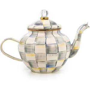 MACKENZIE-CHILDS 4-Cup Enamel Teapot, Cute Small Teapot with Lid, Gray-and-White Sterling Check