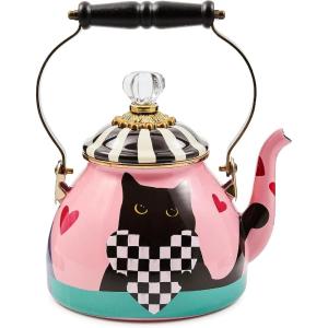 MACKENZIE-CHILDS Enamel Tea Kettle, Cute Tea Kettle for Stovetop, 2 Quarts, Poppy(Cat Love)