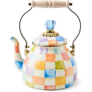 MACKENZIE-CHILDS Enamel Tea Kettle, Cute Tea Kettle for Stovetop, 2 Quarts, Poppy(Confetti Check)