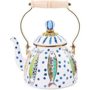 MACKENZIE-CHILDS Enamel Tea Kettle, Cute Tea Kettle for Stovetop, 2 Quarts, Poppy(Go Fish)