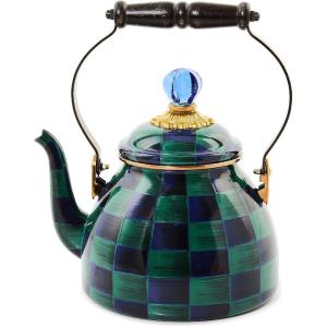 MACKENZIE-CHILDS Enamel Tea Kettle, Cute Tea Kettle for Stovetop, 2 Quarts, Poppy(Juniper Check)