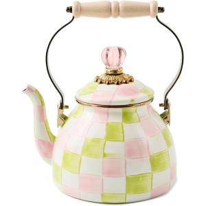 MACKENZIE-CHILDS Enamel Tea Kettle, Cute Tea Kettle for Stovetop, 2 Quarts, Poppy(Palm Beach Check)
