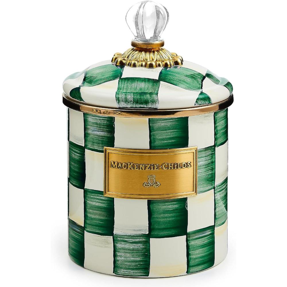 imageMACKENZIECHILDS Small Enamel Canister Kitchen Storage Container for Flour and Sugar 113 Liters BlackandWhite Courtly CheckEmerald Check