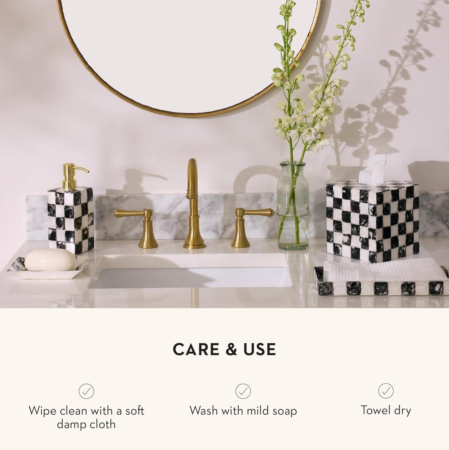 imageMACKENZIECHILDS Capiz Soap Pump LiquidSoap Dispenser for Bathroom or Kitchen GrayandWhite Sterling CheckCourtly Check