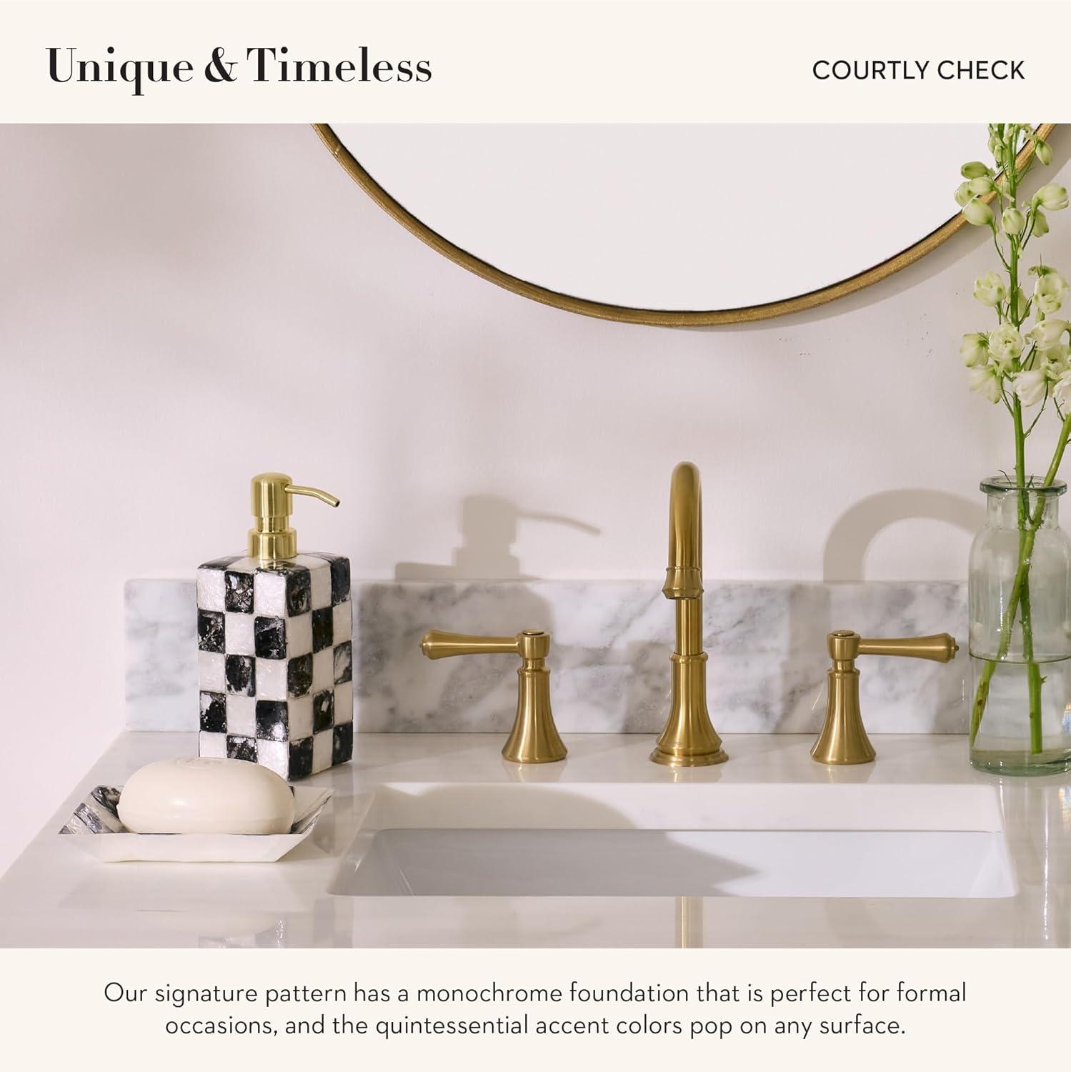 imageMACKENZIECHILDS Capiz Soap Pump LiquidSoap Dispenser for Bathroom or Kitchen GrayandWhite Sterling CheckCourtly Check