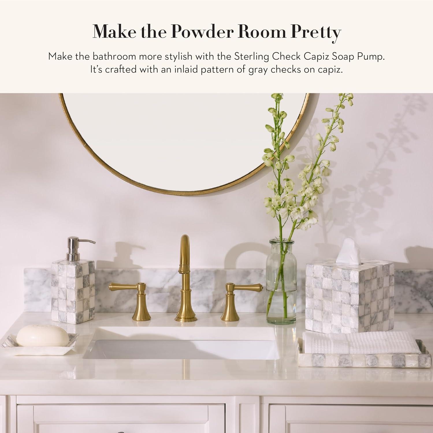 imageMACKENZIECHILDS Capiz Soap Pump LiquidSoap Dispenser for Bathroom or Kitchen GrayandWhite Sterling CheckSterling Check