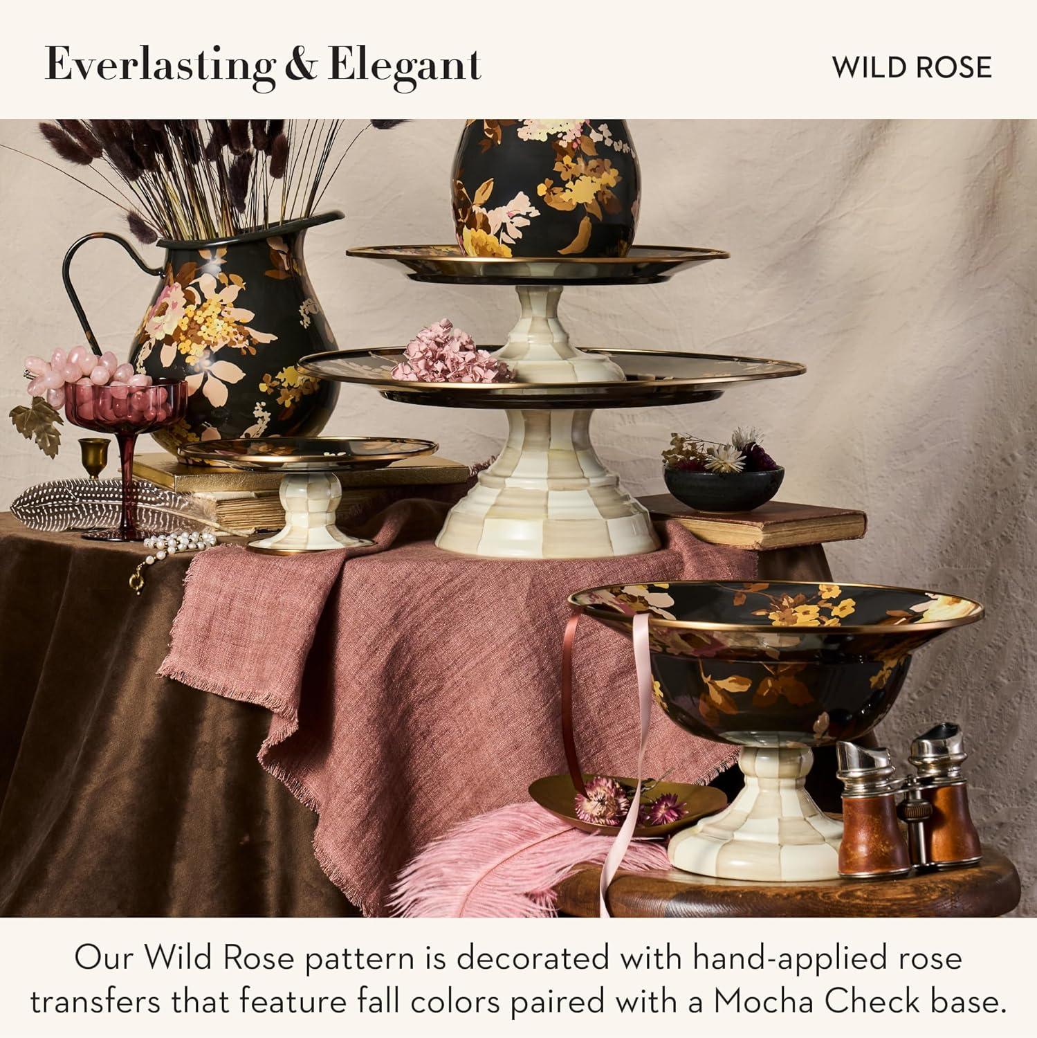 imageMACKENZIECHILDS Enamel Compote Cute Enamel Pedestal Serving Dish or Decorative Bowl Small BrownandWhite Mocha CheckBrown Wild Rose