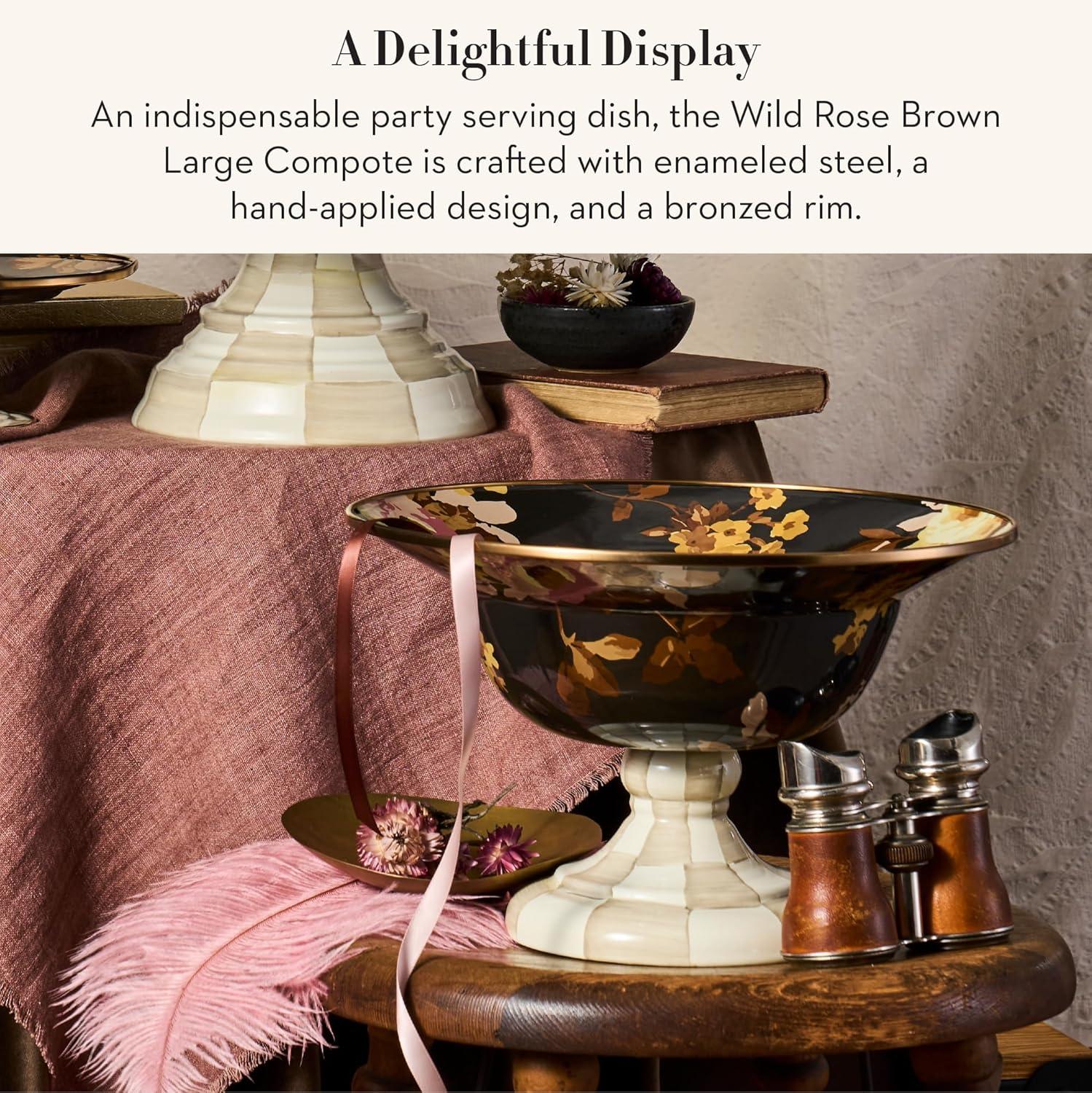 imageMACKENZIECHILDS Enamel Compote Cute Enamel Pedestal Serving Dish or Decorative Bowl Small BrownandWhite Mocha CheckBrown Wild Rose