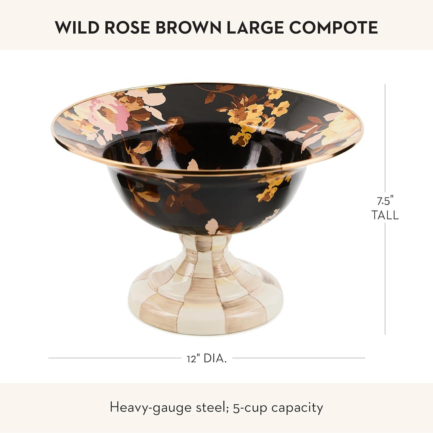 imageMACKENZIECHILDS Enamel Compote Cute Enamel Pedestal Serving Dish or Decorative Bowl Small BrownandWhite Mocha CheckBrown Wild Rose