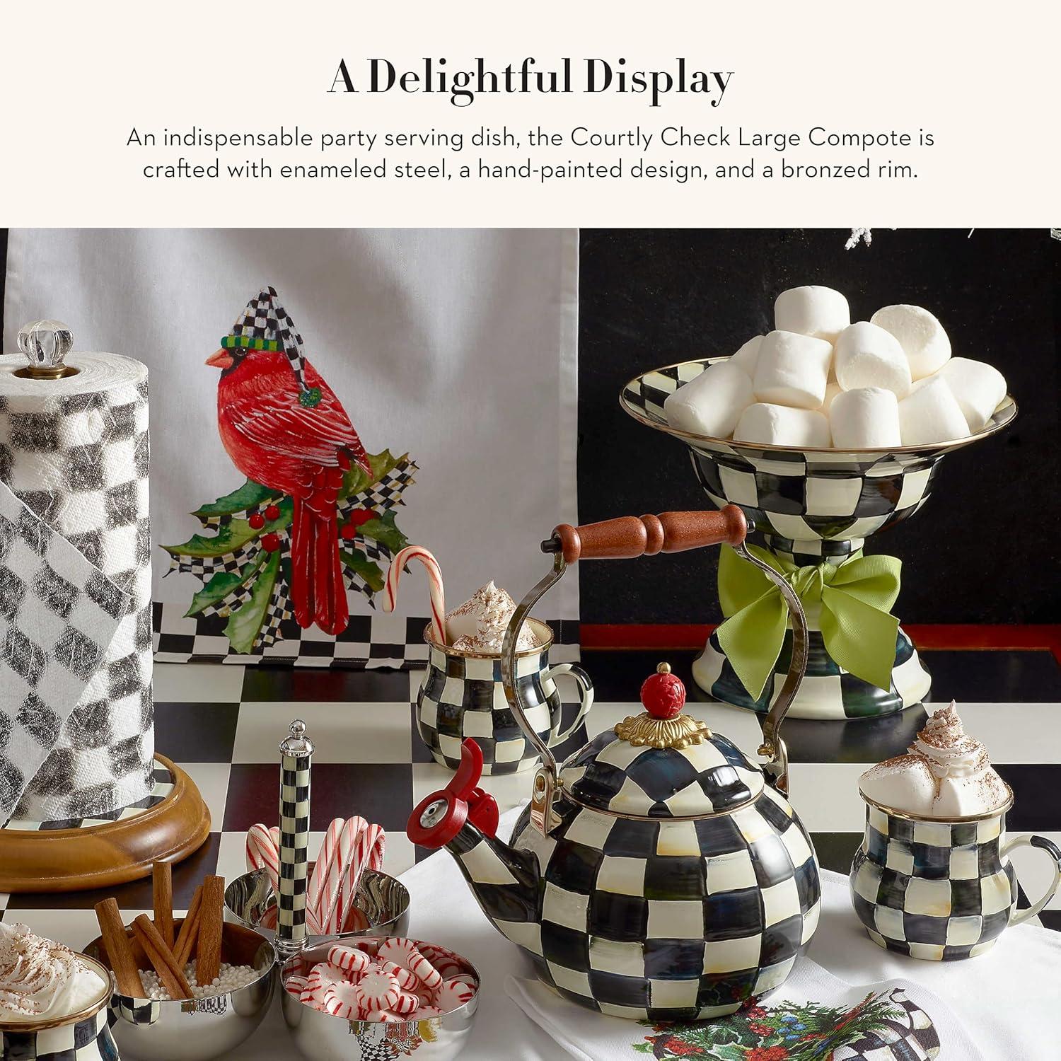 imageMACKENZIECHILDS Enamel Compote Cute Enamel Pedestal Serving Dish or Decorative Bowl Small BrownandWhite Mocha CheckCourtly Check