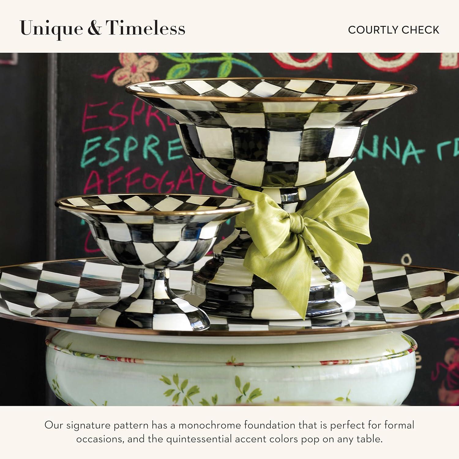 imageMACKENZIECHILDS Enamel Compote Cute Enamel Pedestal Serving Dish or Decorative Bowl Small BrownandWhite Mocha CheckCourtly Check