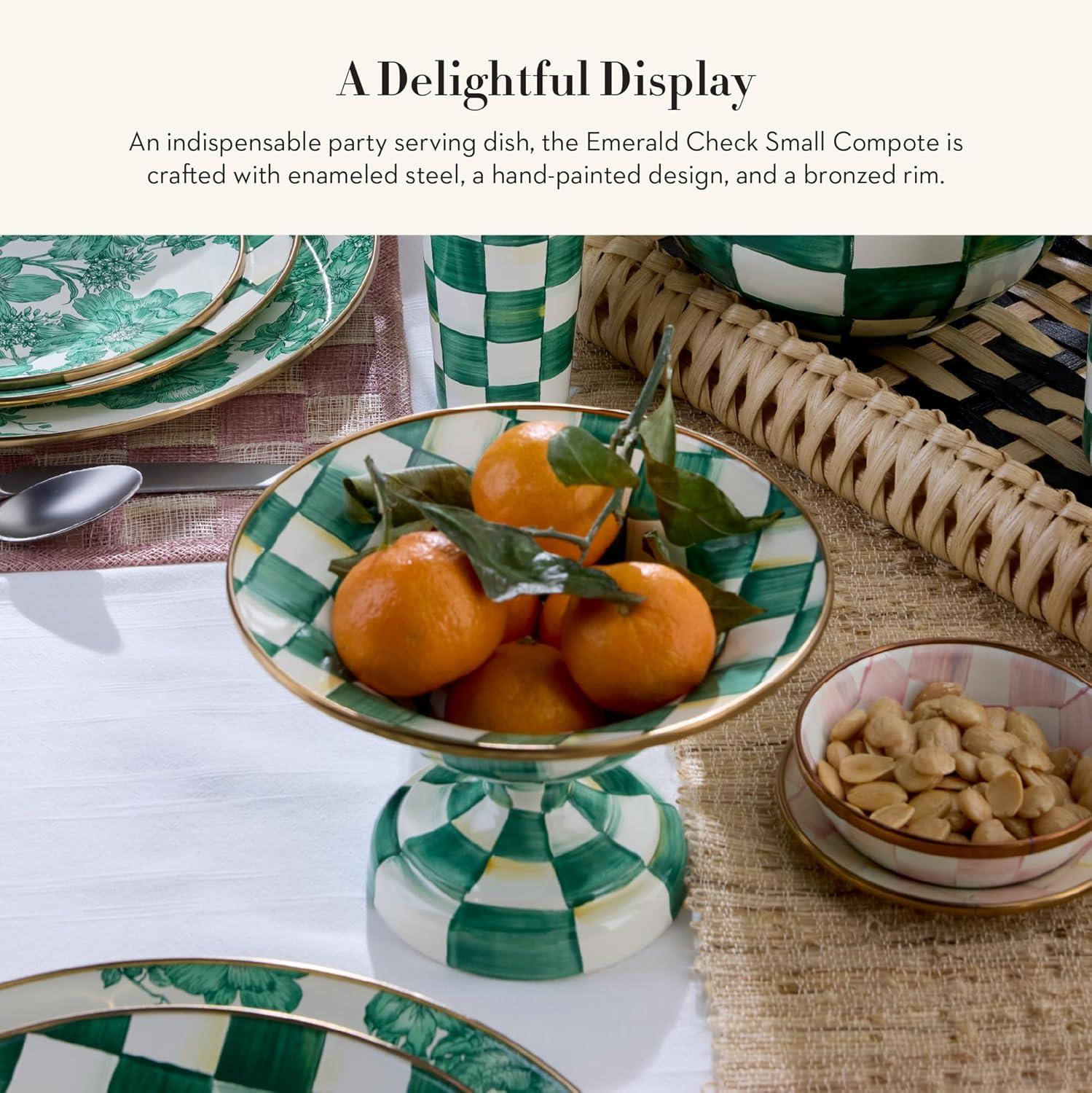 imageMACKENZIECHILDS Enamel Compote Cute Enamel Pedestal Serving Dish or Decorative Bowl Small BrownandWhite Mocha CheckEmerald Check