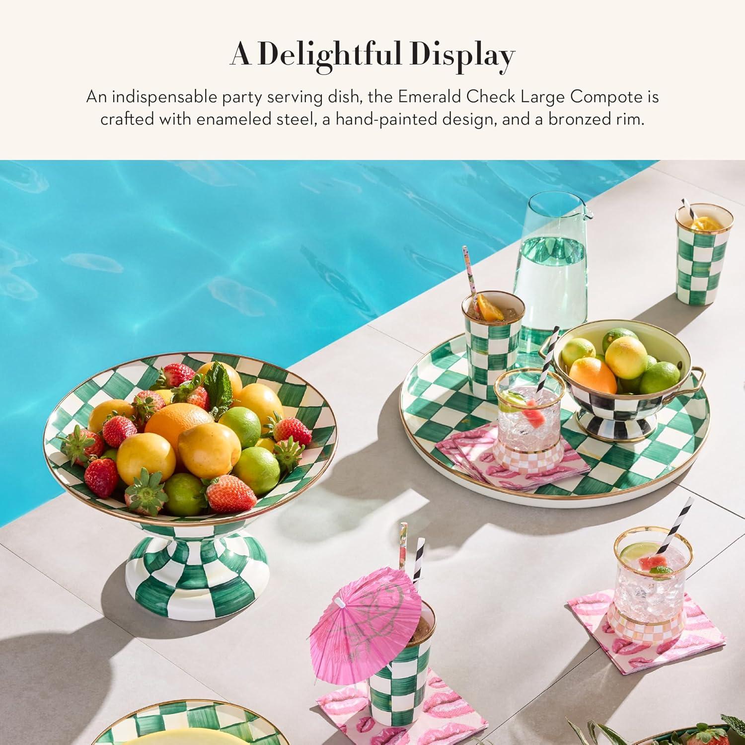 imageMACKENZIECHILDS Enamel Compote Cute Enamel Pedestal Serving Dish or Decorative Bowl Small BrownandWhite Mocha CheckEmerald Check