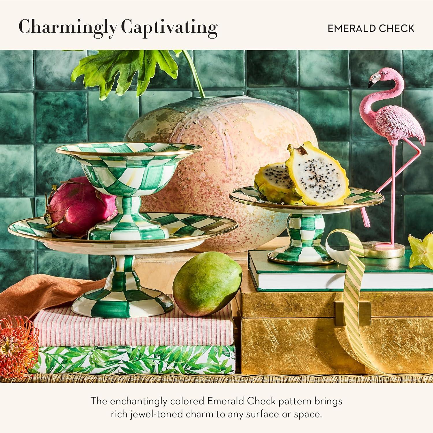 imageMACKENZIECHILDS Enamel Compote Cute Enamel Pedestal Serving Dish or Decorative Bowl Small BrownandWhite Mocha CheckEmerald Check