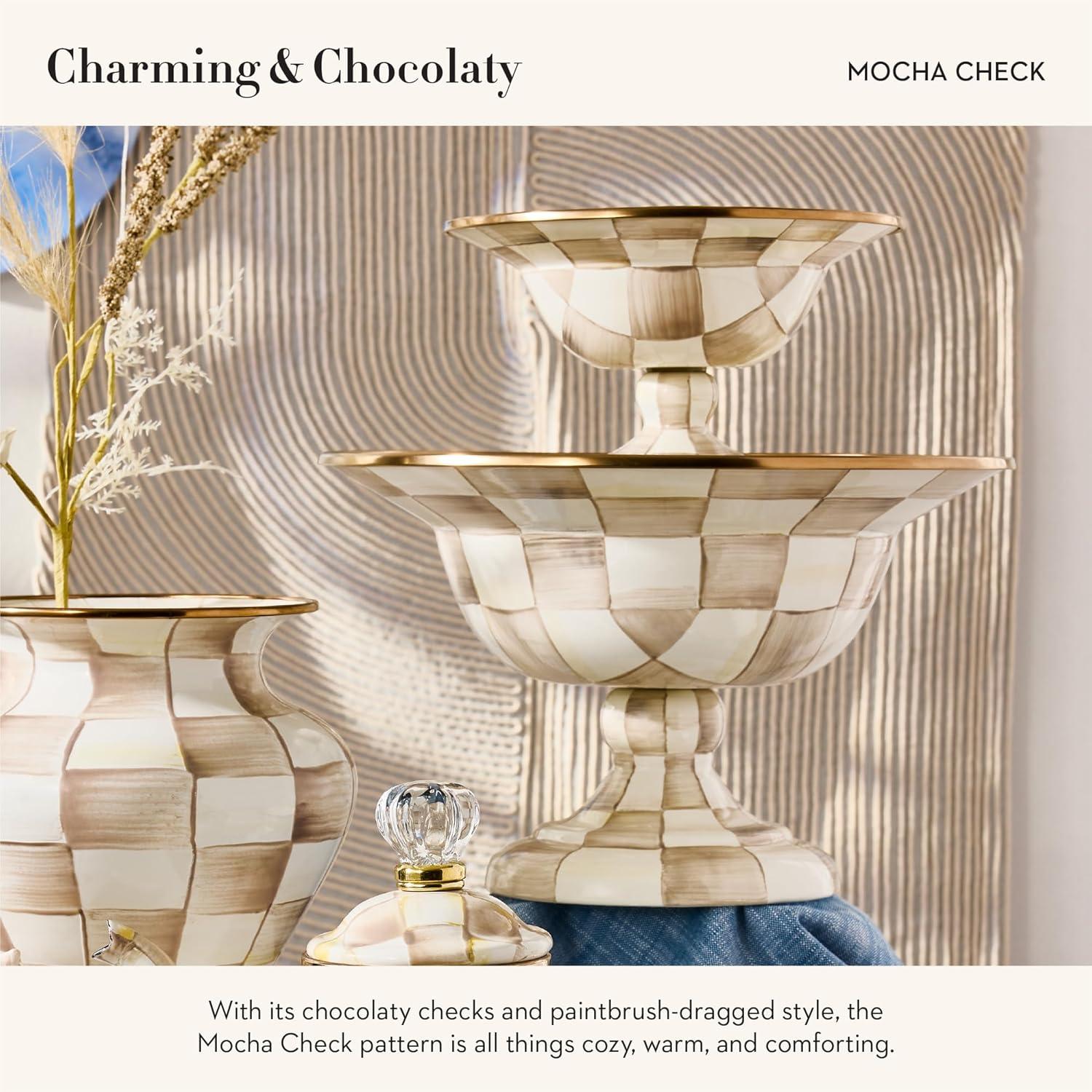 imageMACKENZIECHILDS Enamel Compote Cute Enamel Pedestal Serving Dish or Decorative Bowl Small BrownandWhite Mocha CheckMocha Check