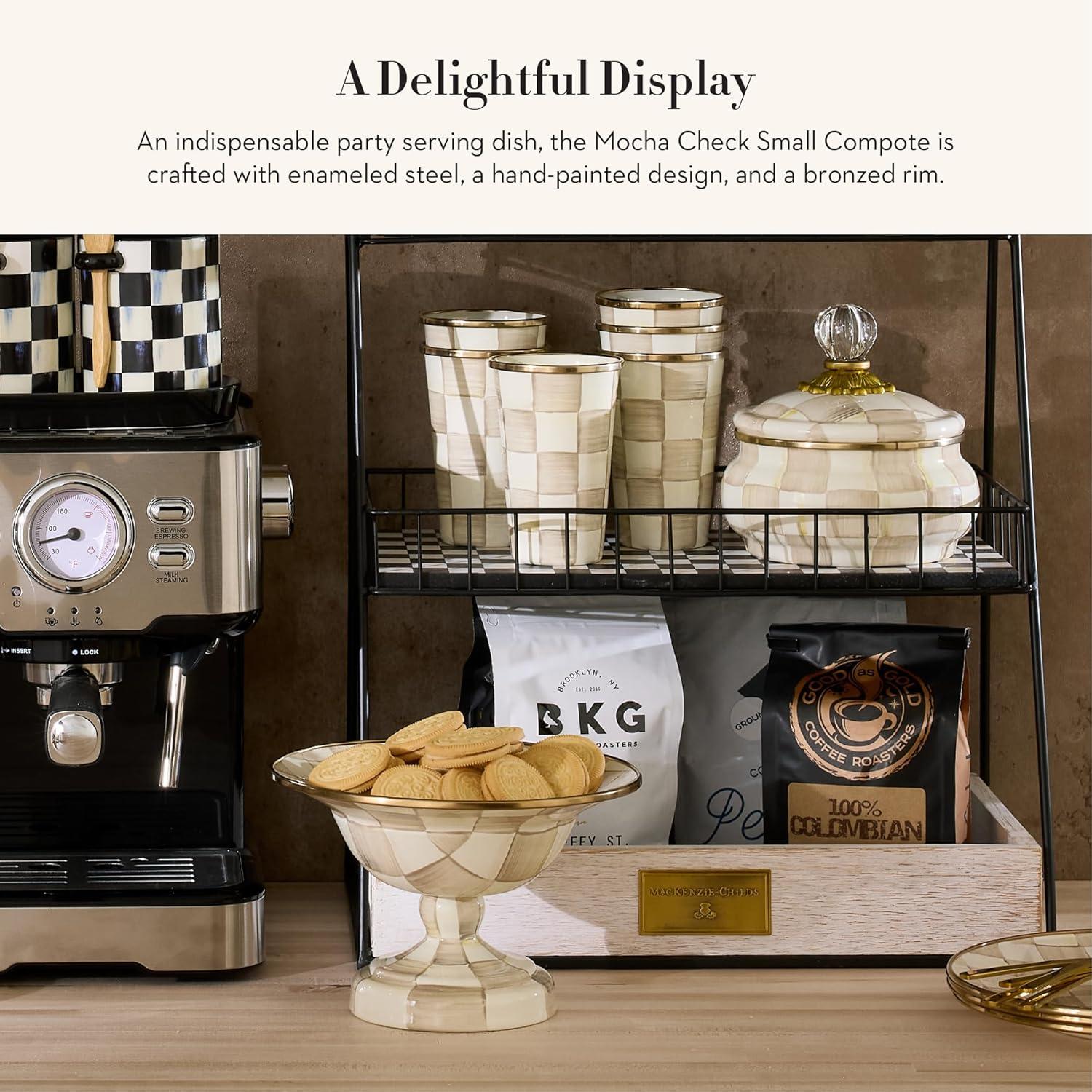 imageMACKENZIECHILDS Enamel Compote Cute Enamel Pedestal Serving Dish or Decorative Bowl Small BrownandWhite Mocha CheckMocha Check