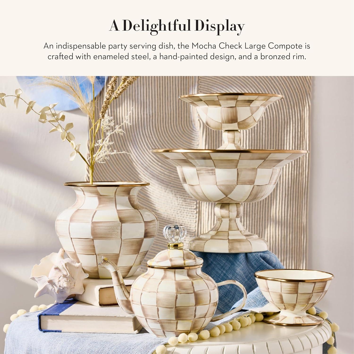 imageMACKENZIECHILDS Enamel Compote Cute Enamel Pedestal Serving Dish or Decorative Bowl Small BrownandWhite Mocha CheckMocha Check