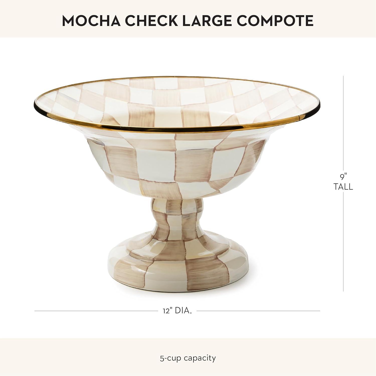 imageMACKENZIECHILDS Enamel Compote Cute Enamel Pedestal Serving Dish or Decorative Bowl Small BrownandWhite Mocha CheckMocha Check