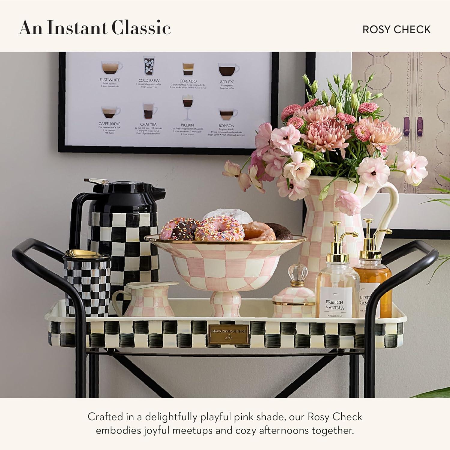 imageMACKENZIECHILDS Enamel Compote Cute Enamel Pedestal Serving Dish or Decorative Bowl Small BrownandWhite Mocha CheckRosy Check