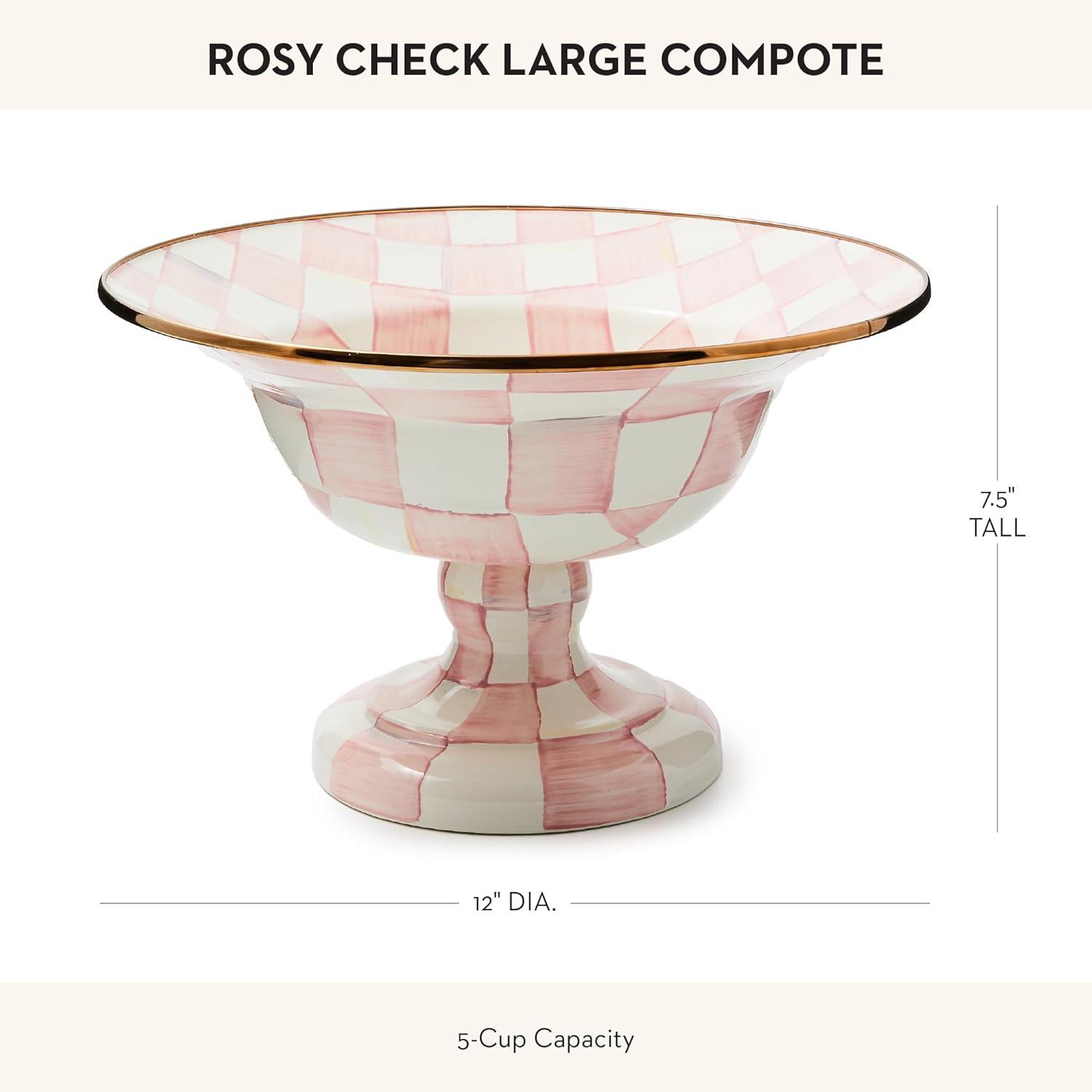 imageMACKENZIECHILDS Enamel Compote Cute Enamel Pedestal Serving Dish or Decorative Bowl Small BrownandWhite Mocha CheckRosy Check