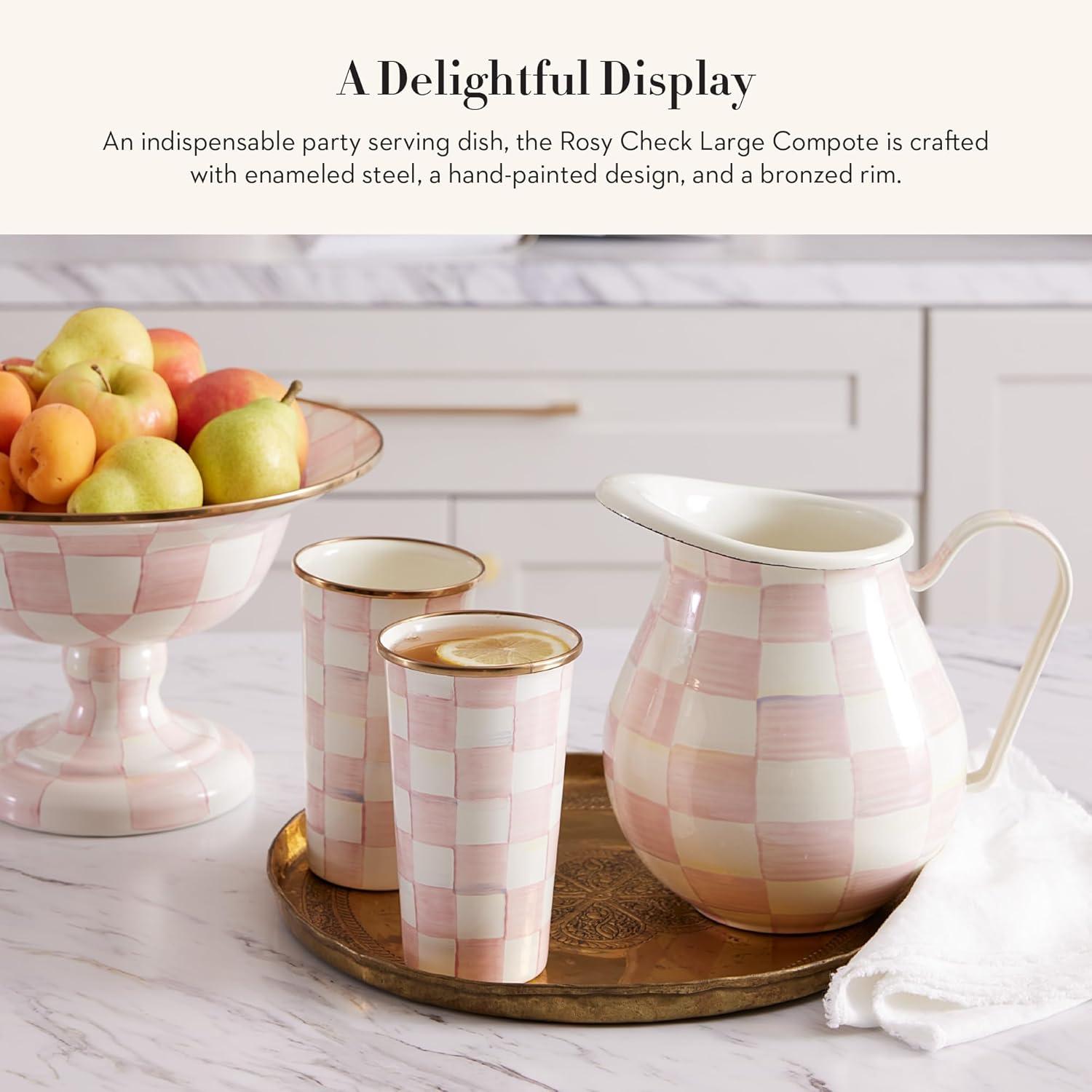 imageMACKENZIECHILDS Enamel Compote Cute Enamel Pedestal Serving Dish or Decorative Bowl Small BrownandWhite Mocha CheckRosy Check