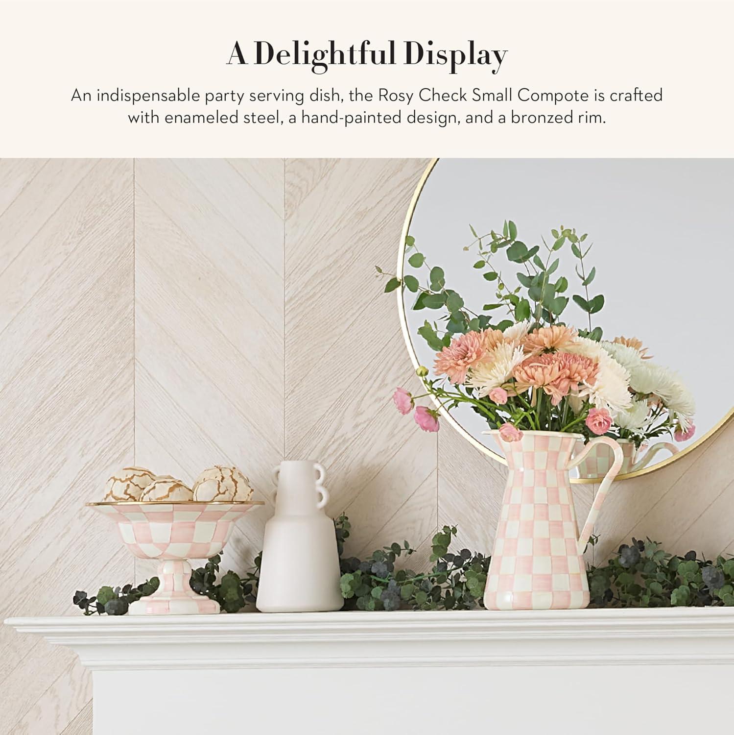 imageMACKENZIECHILDS Enamel Compote Cute Enamel Pedestal Serving Dish or Decorative Bowl Small BrownandWhite Mocha CheckRosy Check