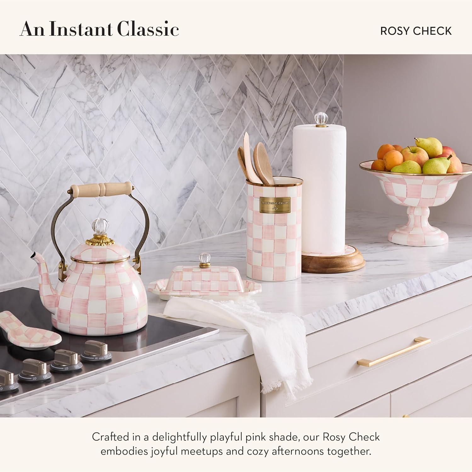 imageMACKENZIECHILDS Enamel Compote Cute Enamel Pedestal Serving Dish or Decorative Bowl Small BrownandWhite Mocha CheckRosy Check