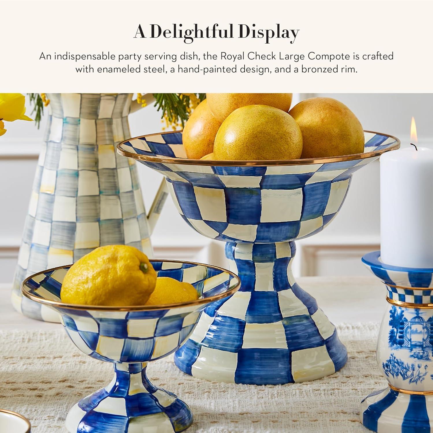 imageMACKENZIECHILDS Enamel Compote Cute Enamel Pedestal Serving Dish or Decorative Bowl Small BrownandWhite Mocha CheckRoyal Check