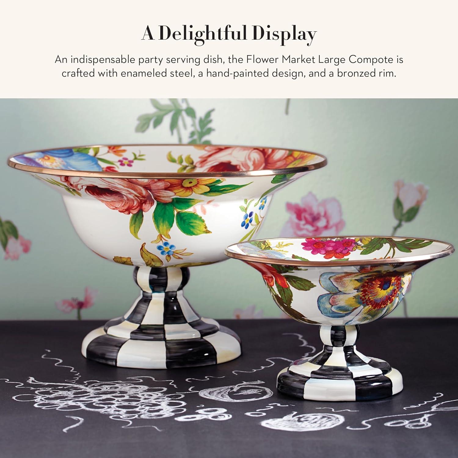 imageMACKENZIECHILDS Enamel Compote Cute Enamel Pedestal Serving Dish or Decorative Bowl Small BrownandWhite Mocha CheckWhite Flower Market