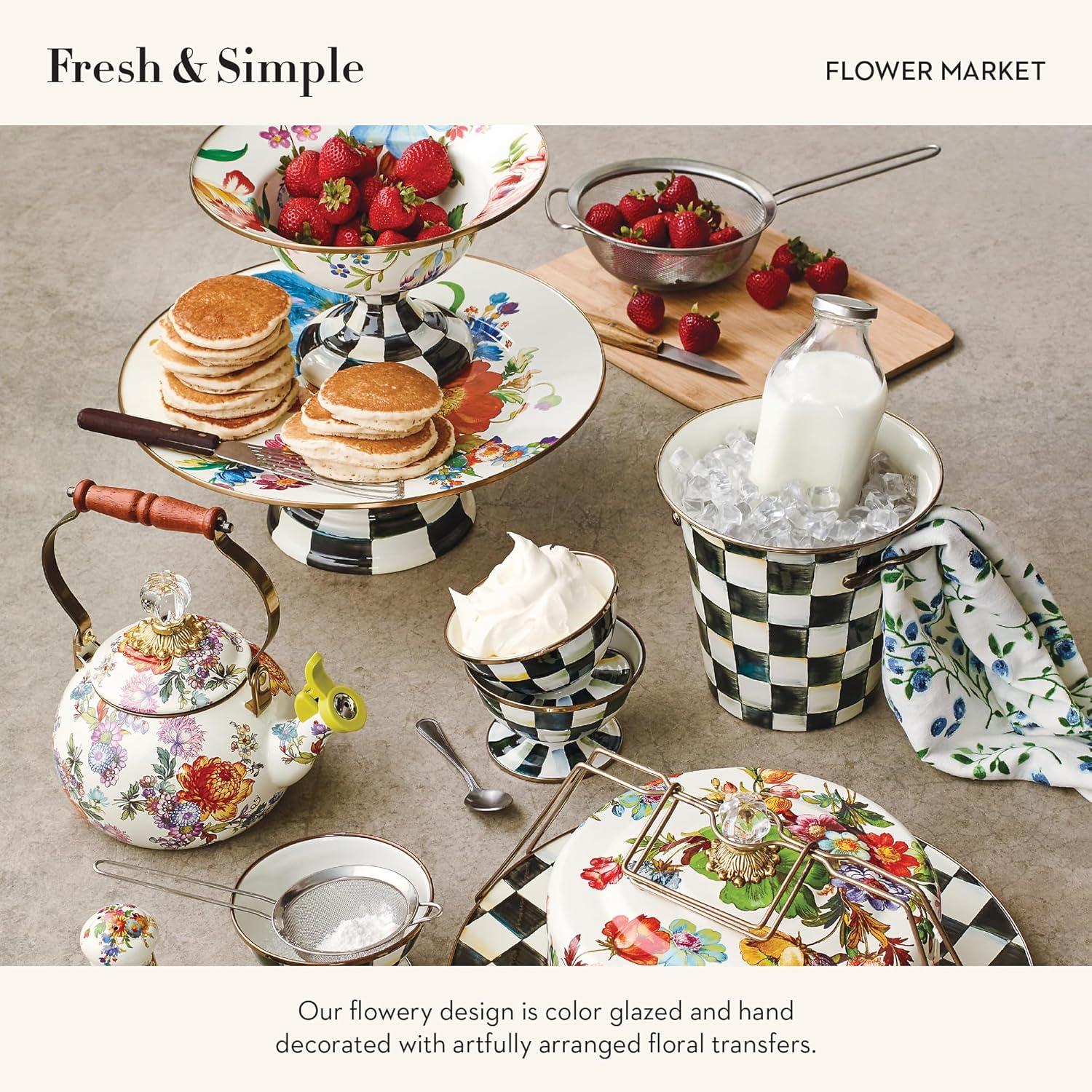 imageMACKENZIECHILDS Enamel Compote Cute Enamel Pedestal Serving Dish or Decorative Bowl Small BrownandWhite Mocha CheckWhite Flower Market