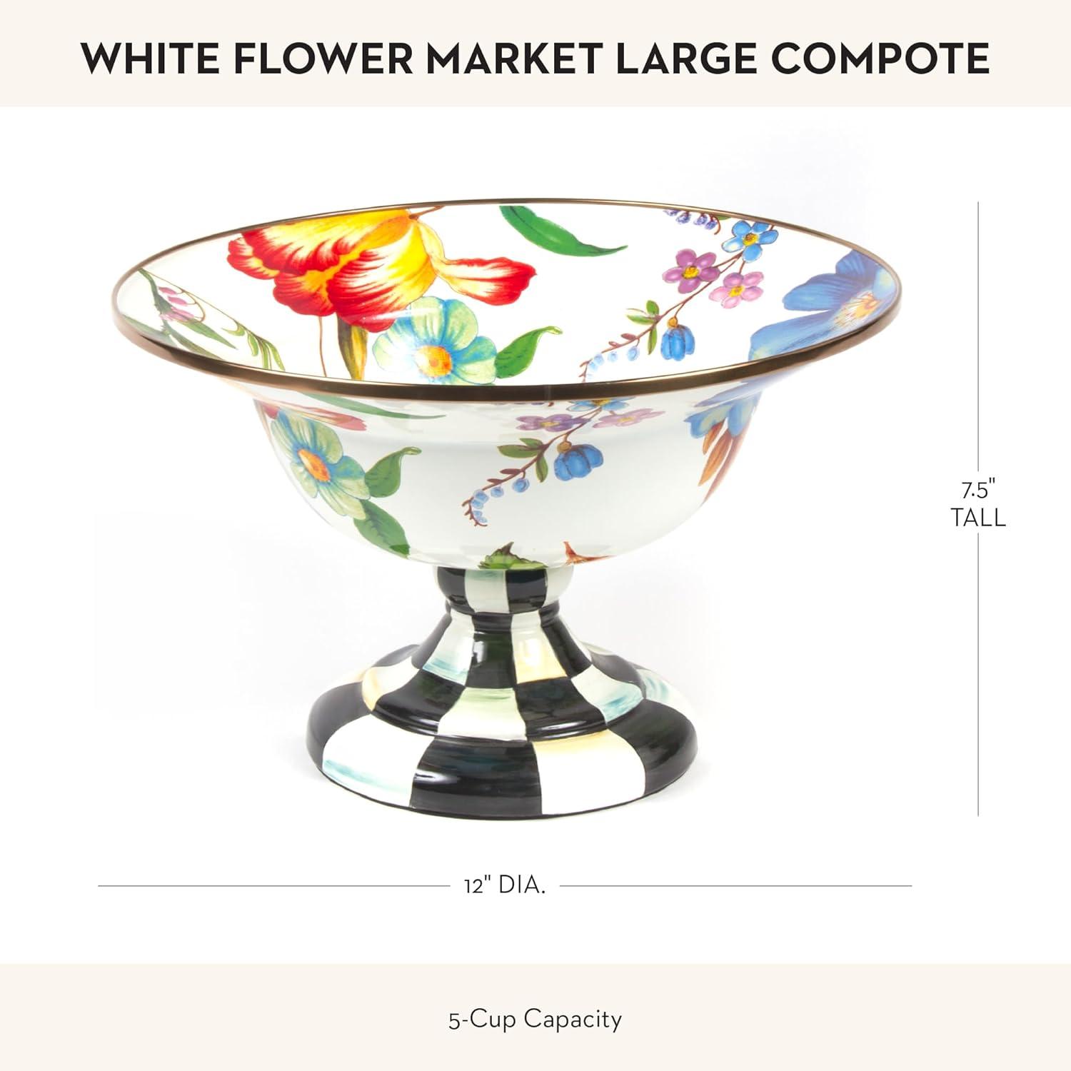 imageMACKENZIECHILDS Enamel Compote Cute Enamel Pedestal Serving Dish or Decorative Bowl Small BrownandWhite Mocha CheckWhite Flower Market