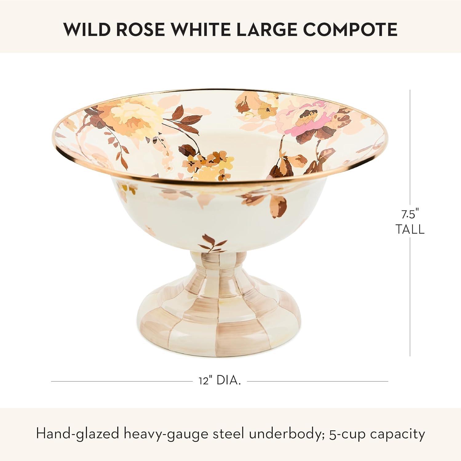 imageMACKENZIECHILDS Enamel Compote Cute Enamel Pedestal Serving Dish or Decorative Bowl Small BrownandWhite Mocha CheckWhite Wild Rose