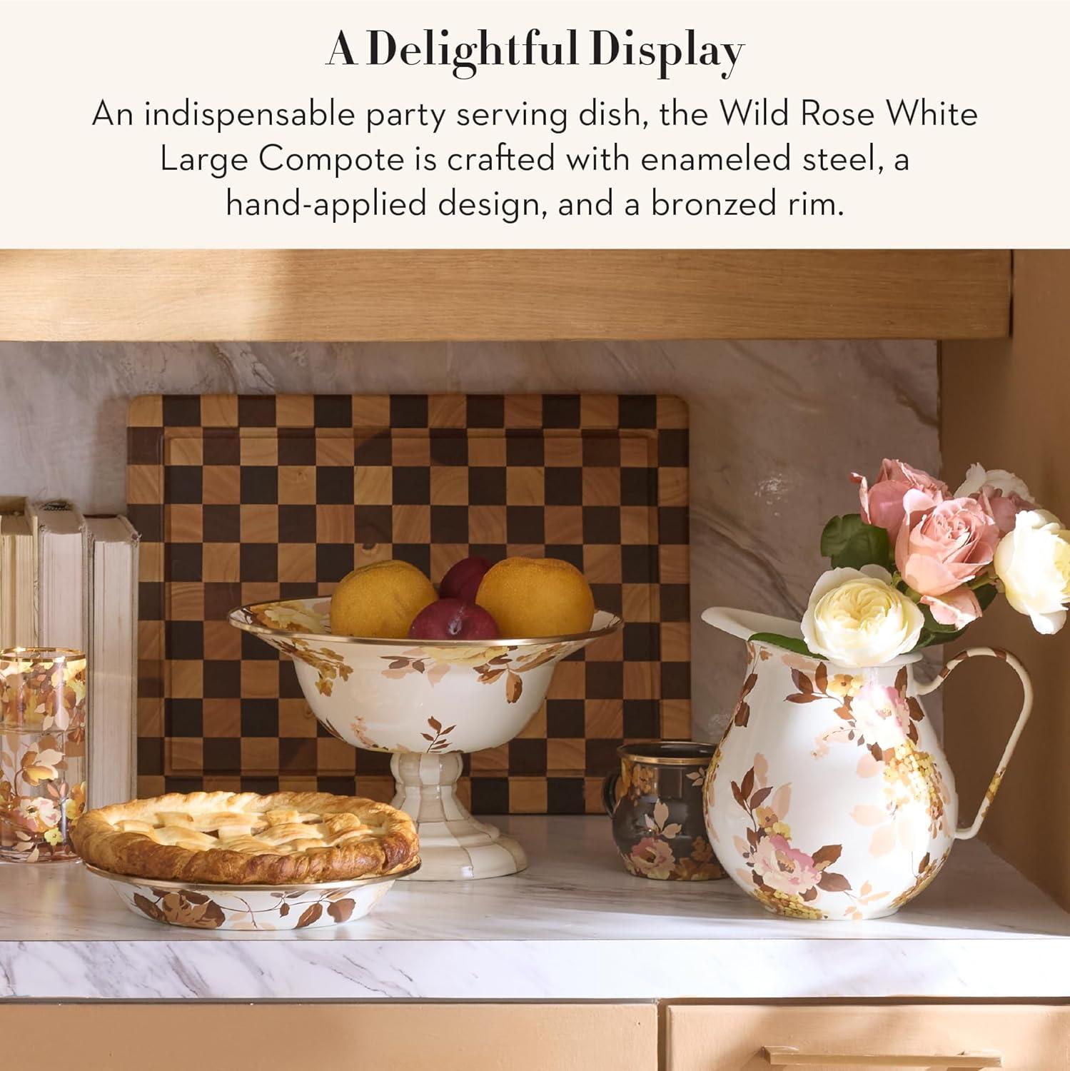 imageMACKENZIECHILDS Enamel Compote Cute Enamel Pedestal Serving Dish or Decorative Bowl Small BrownandWhite Mocha CheckWhite Wild Rose