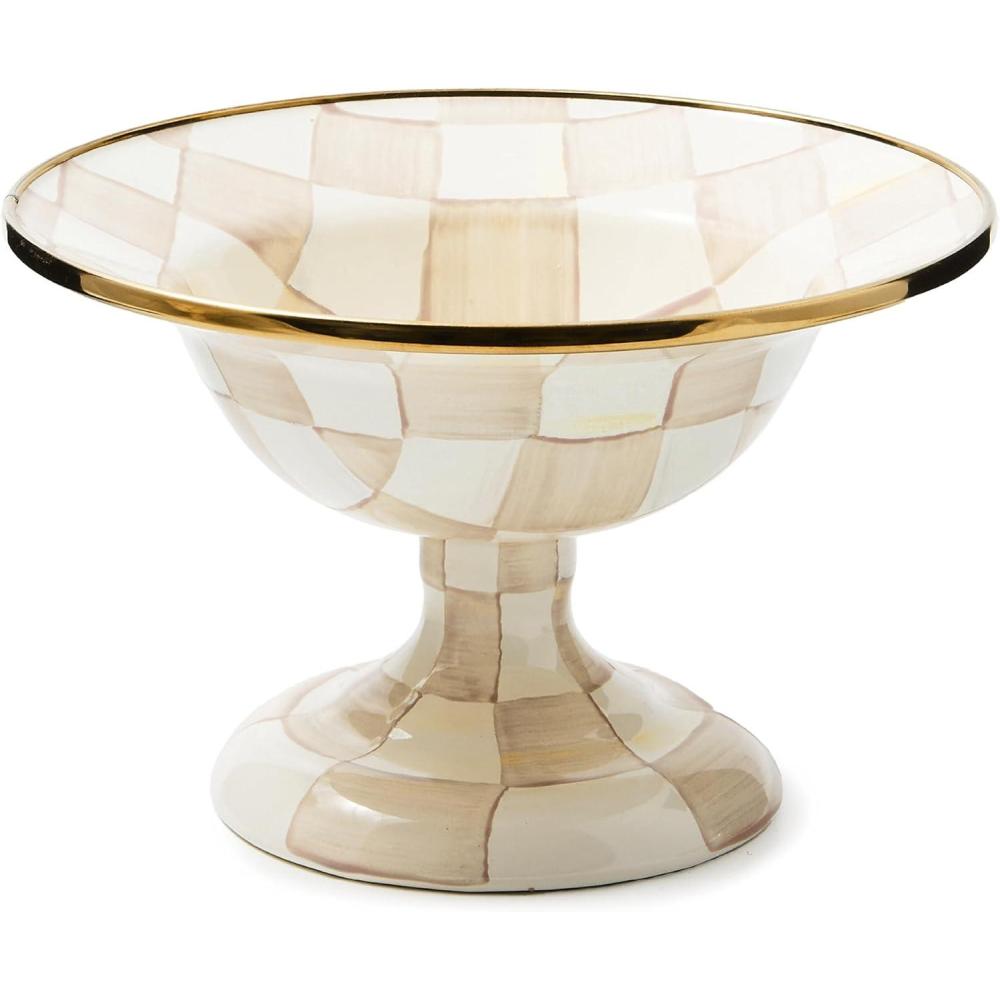 imageMACKENZIECHILDS Enamel Compote Cute Enamel Pedestal Serving Dish or Decorative Bowl Small BrownandWhite Mocha CheckMocha Check