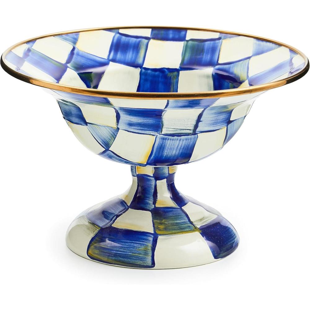 imageMACKENZIECHILDS Enamel Compote Cute Enamel Pedestal Serving Dish or Decorative Bowl Small BrownandWhite Mocha CheckRoyal Check