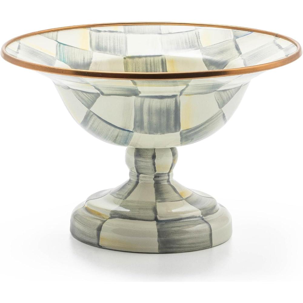 imageMACKENZIECHILDS Enamel Compote Cute Enamel Pedestal Serving Dish or Decorative Bowl Small BrownandWhite Mocha CheckSterling Check