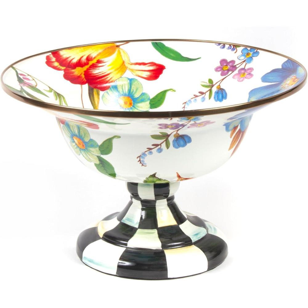 imageMACKENZIECHILDS Enamel Compote Cute Enamel Pedestal Serving Dish or Decorative Bowl Small BrownandWhite Mocha CheckWhite Flower Market