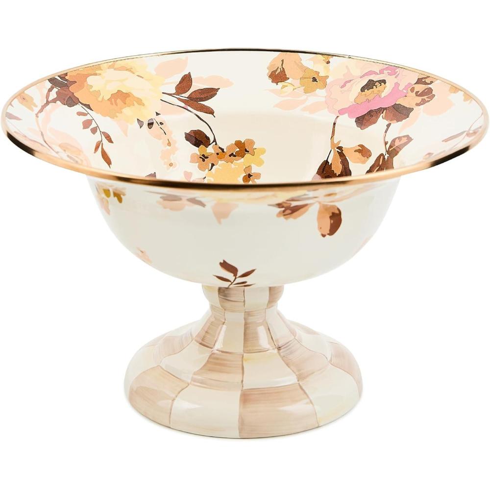 imageMACKENZIECHILDS Enamel Compote Cute Enamel Pedestal Serving Dish or Decorative Bowl Small BrownandWhite Mocha CheckWhite Wild Rose